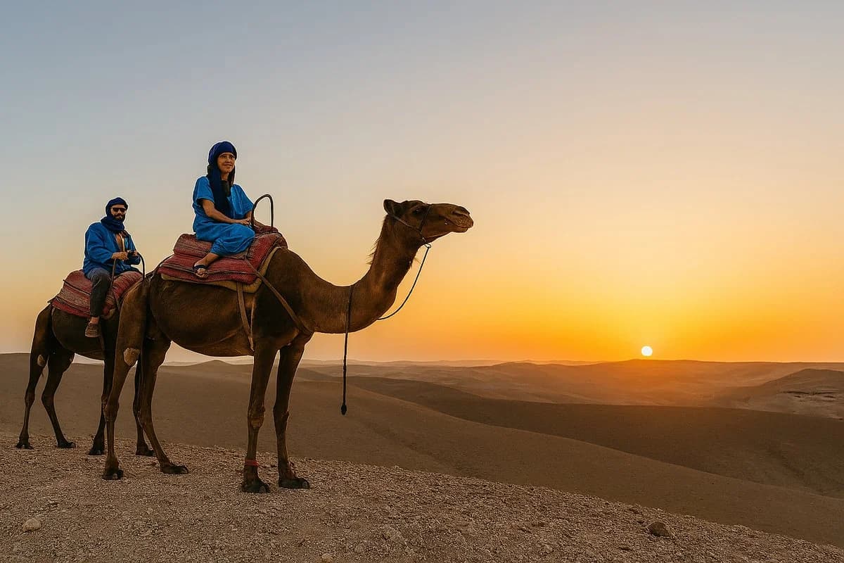 Couple riding camels led by a guide at sunset in the Agafay Desert