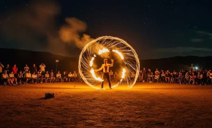 Fire performer spinning a glowing ring of fire at night in front of a crowd