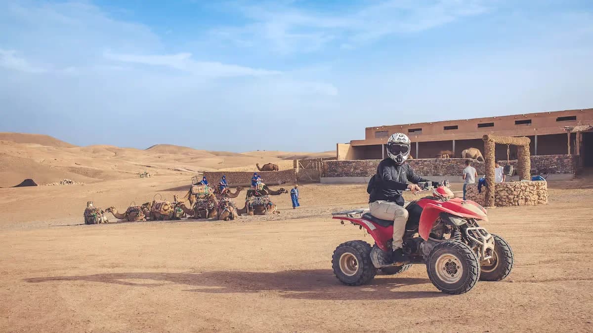 Quad bike rider at a desert camp with camels resting nearby